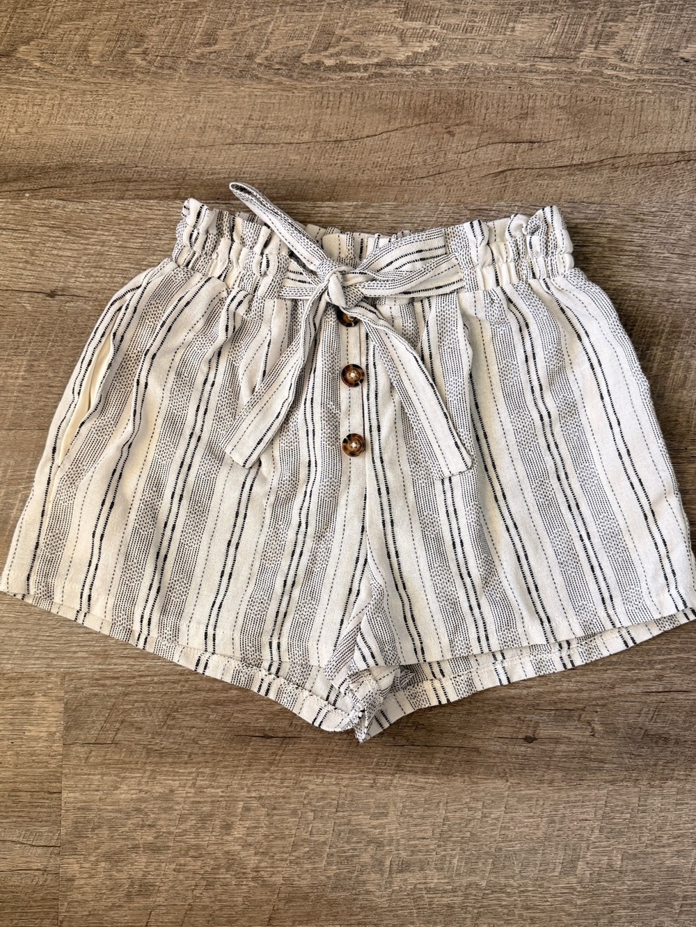 Sienna Sky White High-Waist Striped Paper-bag Style Shorts with Black Stripes